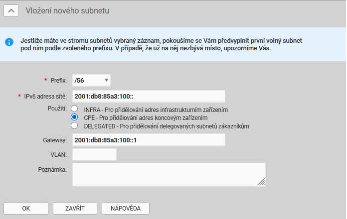 Dialog editace IPv6